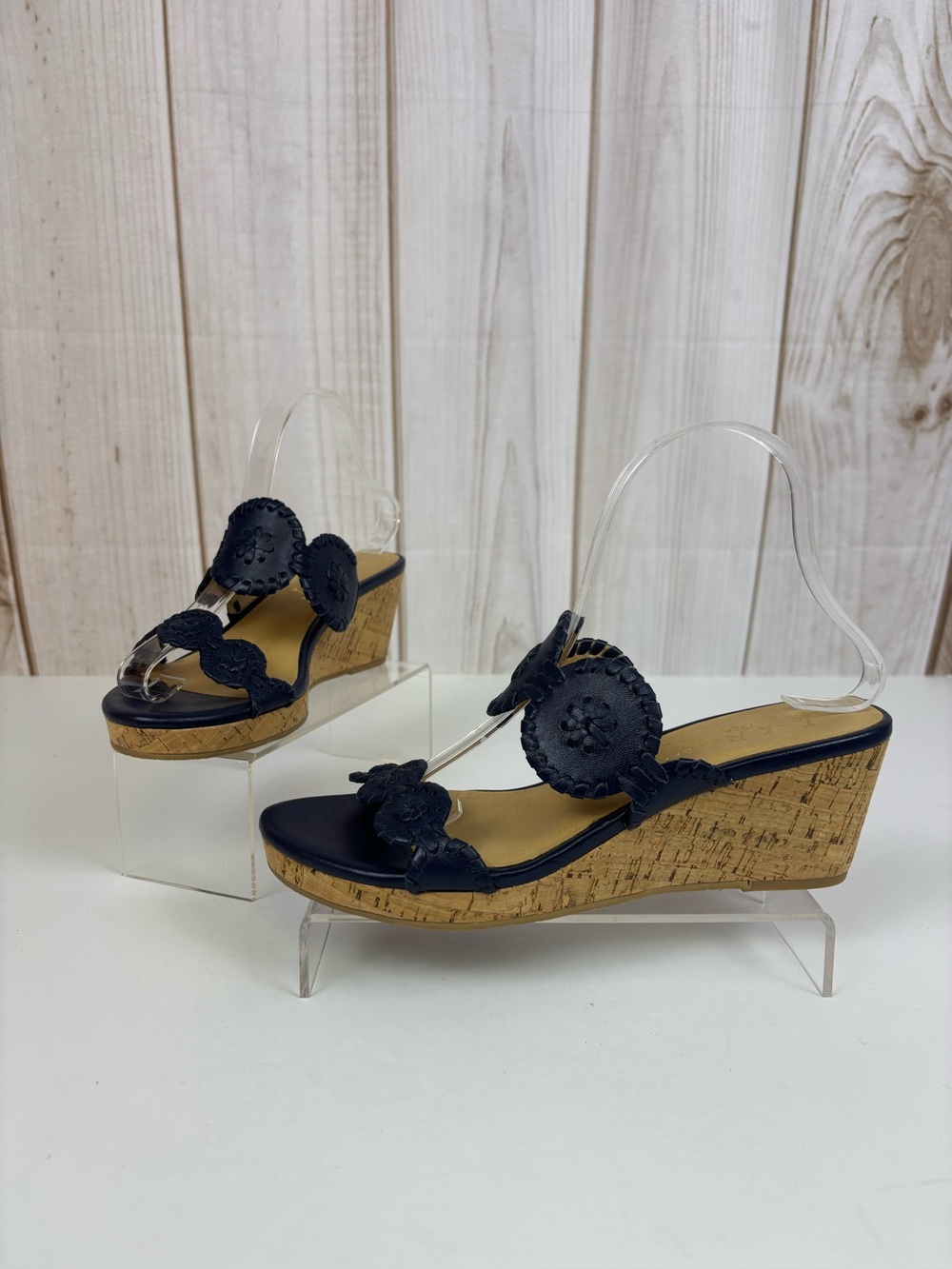 Jack Rogers Luccia Wedge Platform Sandal Leather Medallion Straps Blue Size 8.5